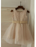 Tan Linen Tulle Flower Girl Dress With Flower Sash